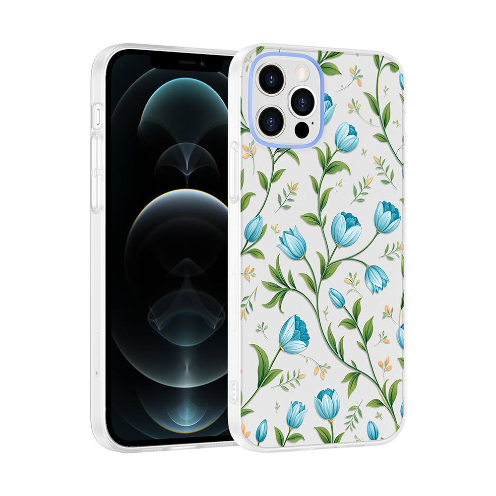 iPhone Uyumlu 12 Kılıf Kamera Korumalı Desenli Zore Klip Kapak-Mavi lale