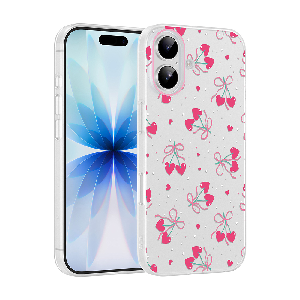 iPhone Uyumlu 16 Kılıf Kamera Korumalı Desenli Zore Klip Kapak-Kalpli kiraz