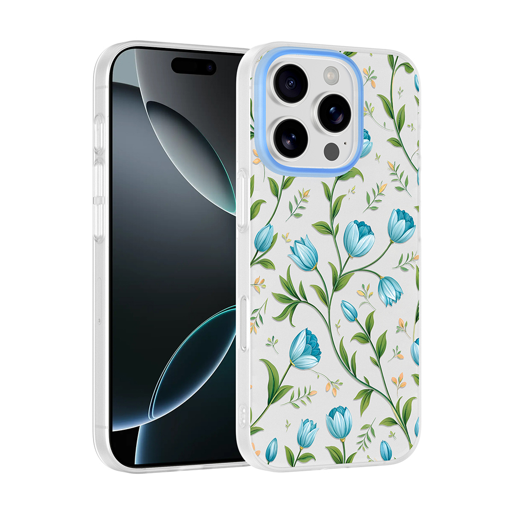 iPhone Uyumlu 16 Pro Kılıf Kamera Korumalı Desenli Zore Klip Kapak-Mavi lale