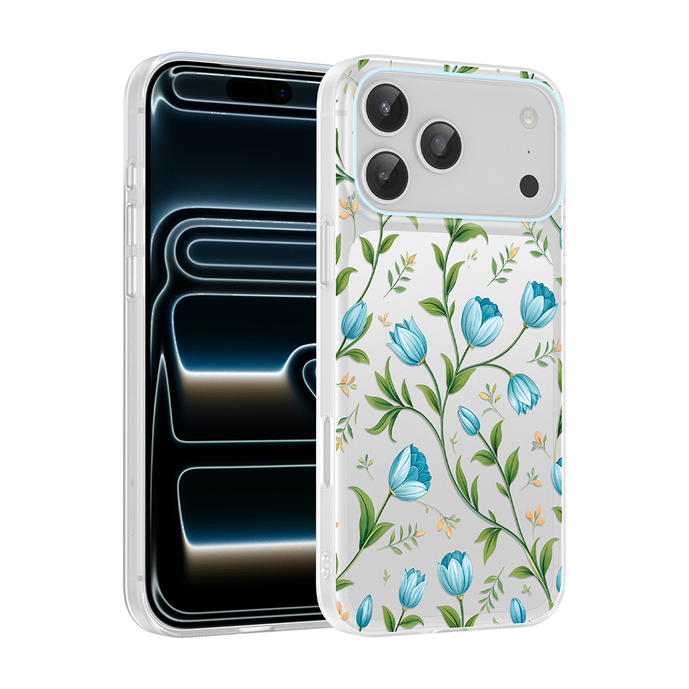 iPhone Uyumlu 17 Pro Kılıf Kamera Korumalı Desenli Zore Klip Kapak-Mavi lale