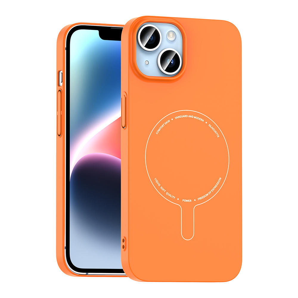 iPhone Uyumlu 13 Kılıf M-Safe Şarj Özellikli Kamera Korumalı Zore Elio Sert PC Kapak-Turuncu