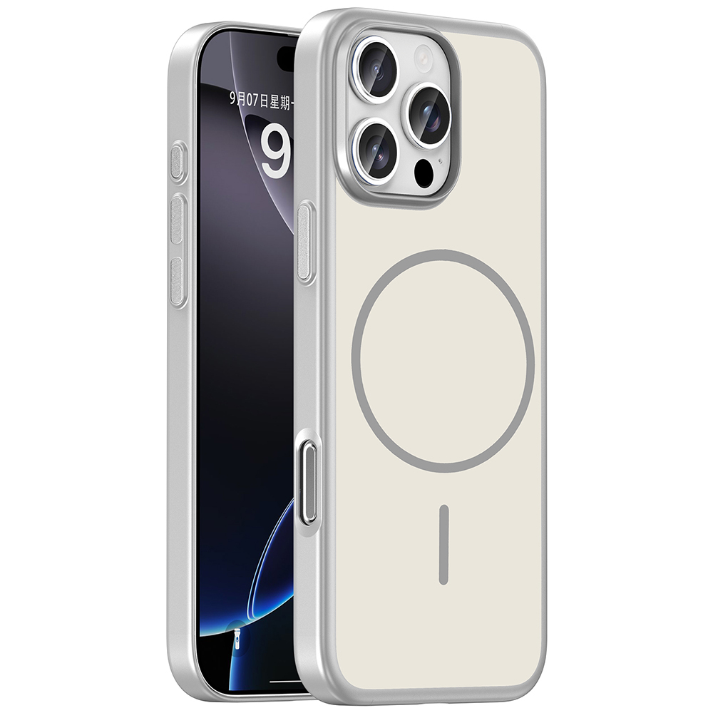 iPhone Uyumlu 16 Pro Max Kılıf M-Safe Şarj Özellikli Zore Lora PC Kapak-Gümüş
