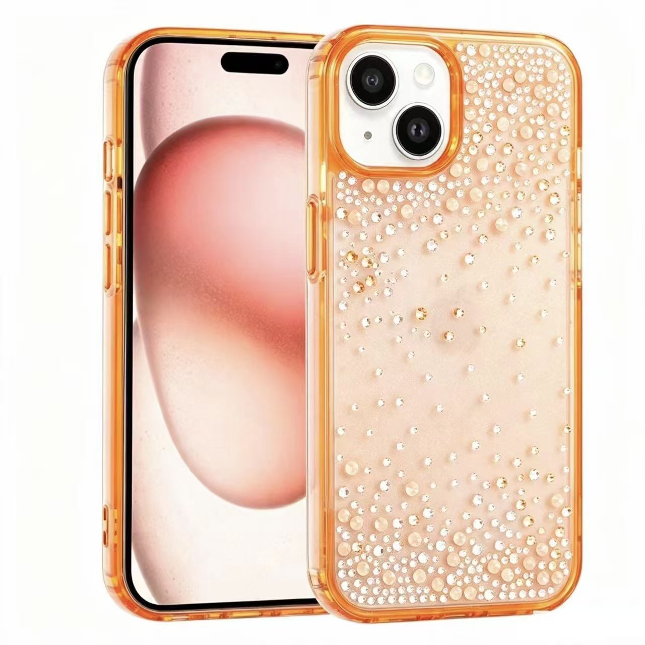 iPhone Uyumlu 15 Kılıf Airbag Tasarımlı Damla Taşlı Şeffaf Zore Pera Silikon Kapak-Turuncu