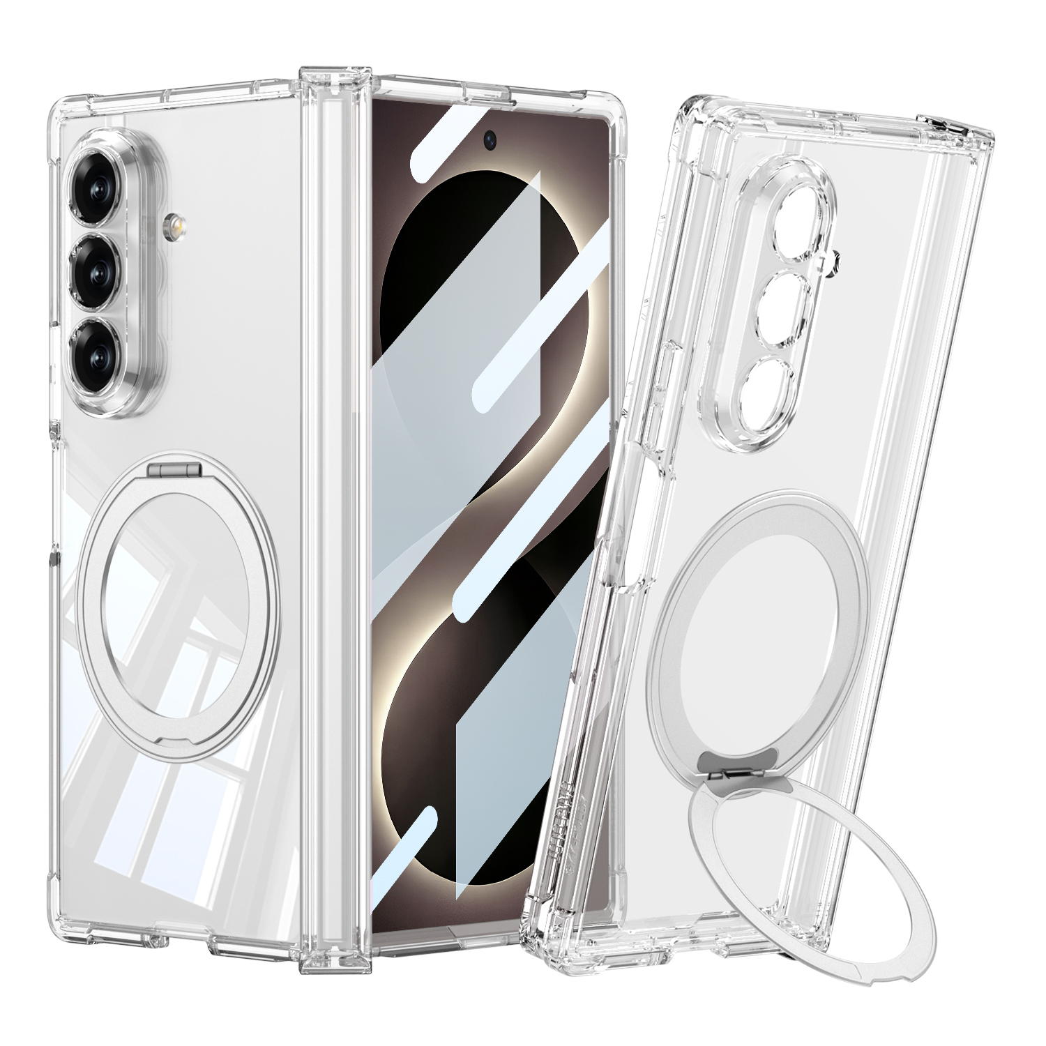 Galaxy Uyumlu Z Fold 8 Ultra Kılıf M-safe Şarj Özellikli Zore Kıpta KPT-09 Ring Standlı Şeffaf Sert PC Kapak-Şeffaf