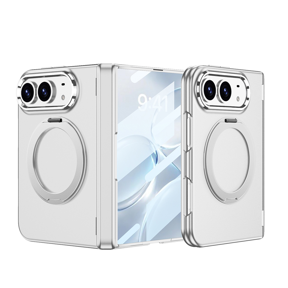iPhone Uyumlu Duo Kılıf M-safe Şarj Özellikli Zore Kıpta KPT-07 Ring Standlı Sert PC Kapak-Gümüş