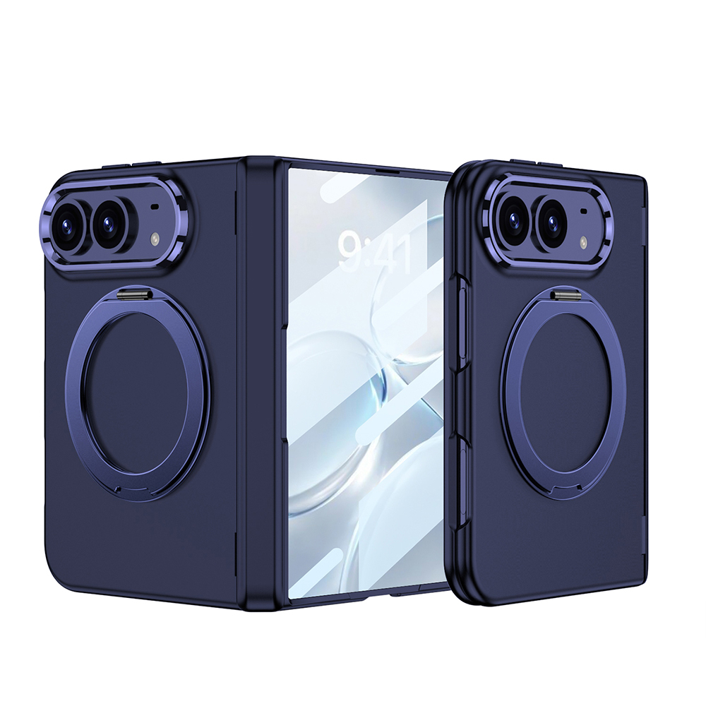 iPhone Uyumlu Duo Kılıf M-safe Şarj Özellikli Zore Kıpta KPT-07 Ring Standlı Sert PC Kapak-Lacivert