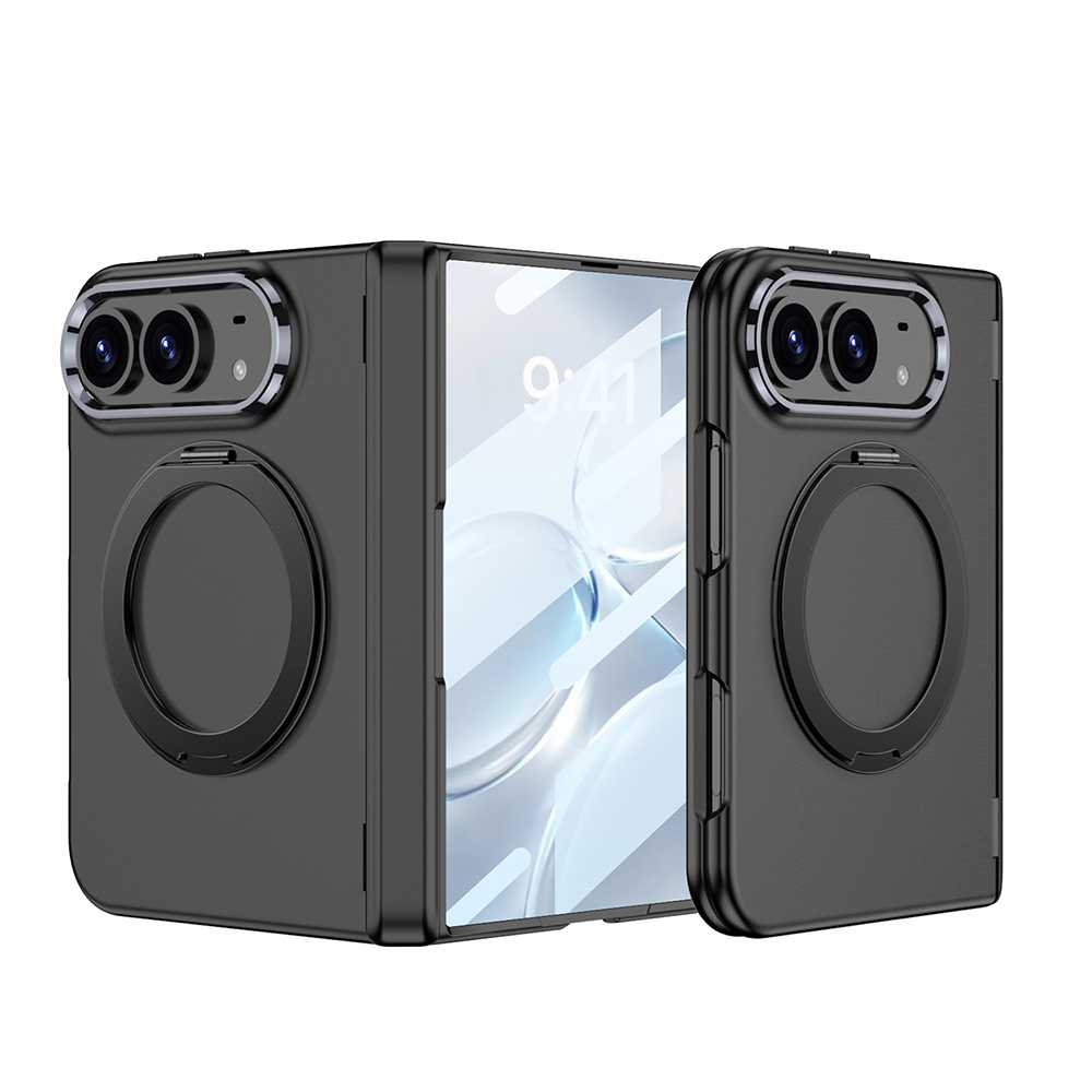iPhone Uyumlu Duo Kılıf M-safe Şarj Özellikli Zore Kıpta KPT-07 Ring Standlı Sert PC Kapak-Siyah