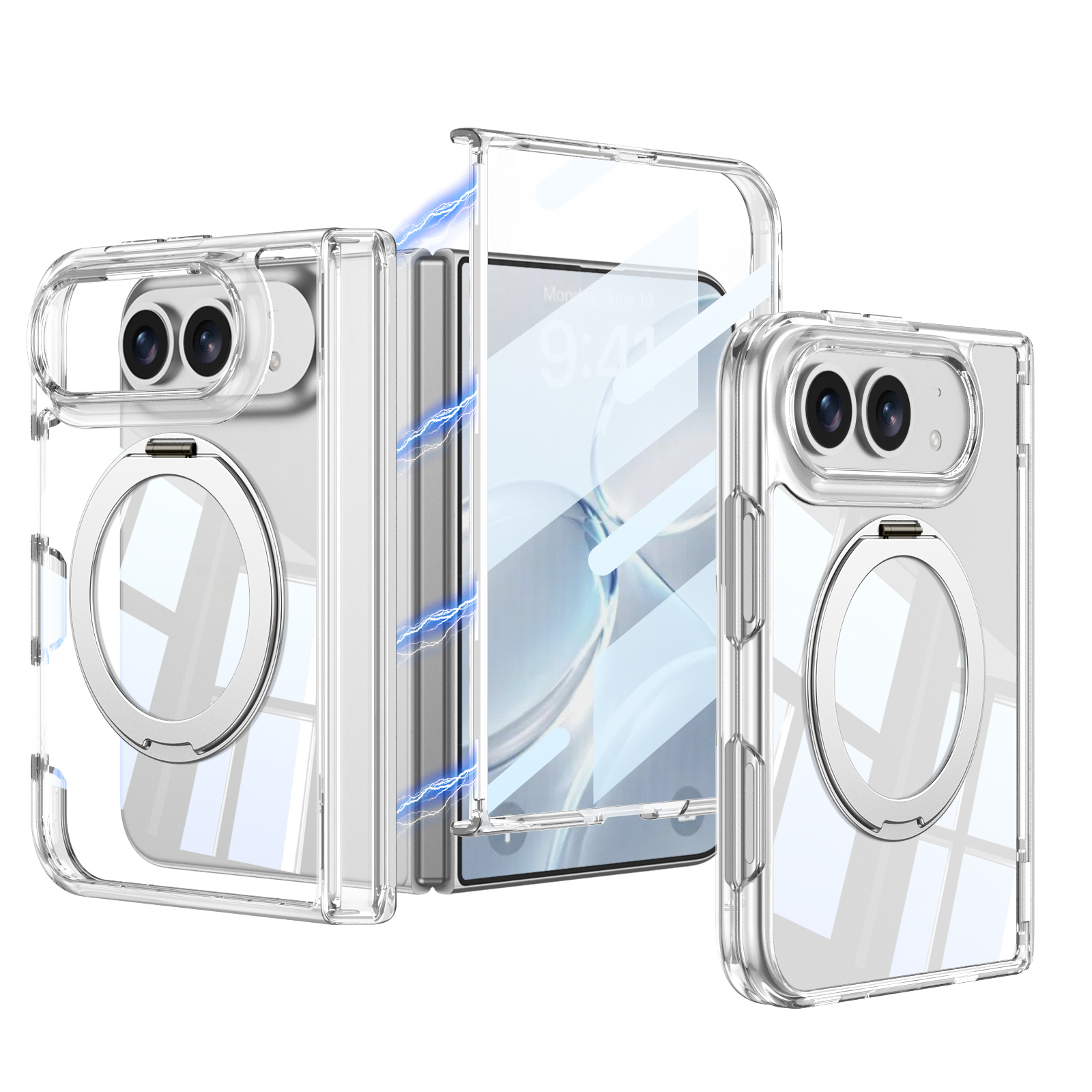 iPhone Uyumlu Duo Kılıf M-safe Şarj Özellikli Zore Kıpta KPT-09 Ring Standlı Şeffaf Sert PC Kapak-Şeffaf