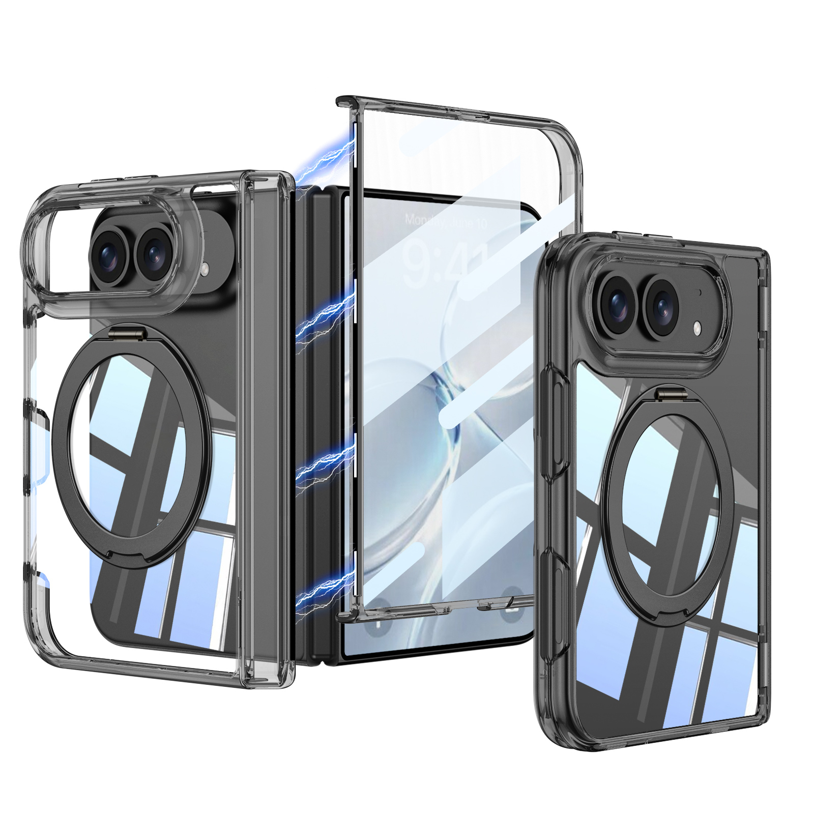 iPhone Uyumlu Duo Kılıf M-safe Şarj Özellikli Zore Kıpta KPT-09 Ring Standlı Şeffaf Sert PC Kapak