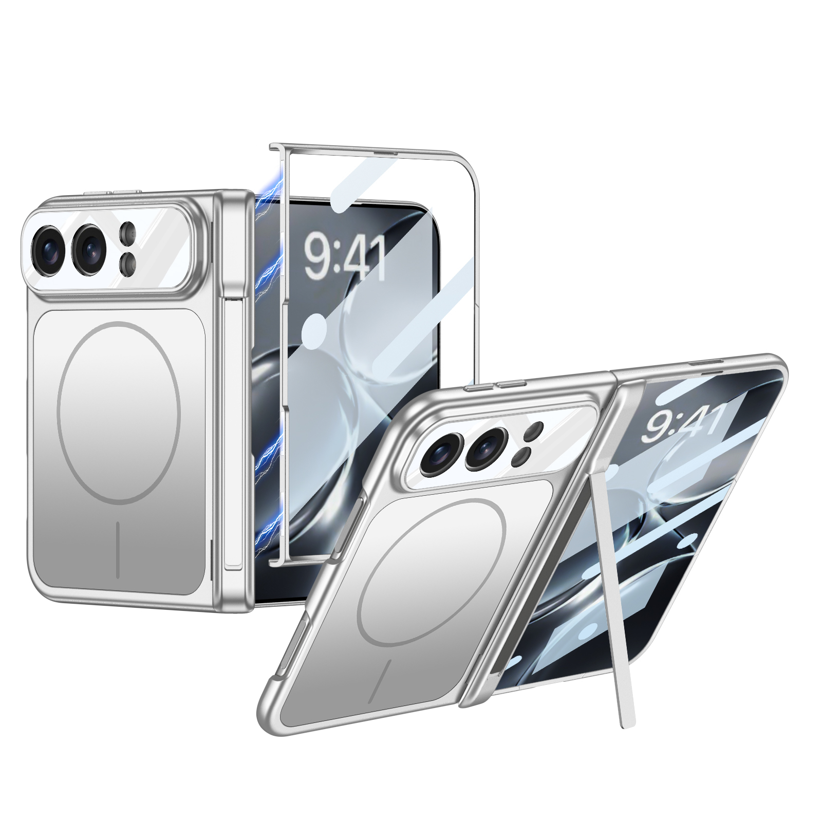 iPhone Uyumlu Duo Kılıf M-safe Şarj Özellikli Zore Kıpta KPT-18 Dikey Standlı Kapak-Gümüş
