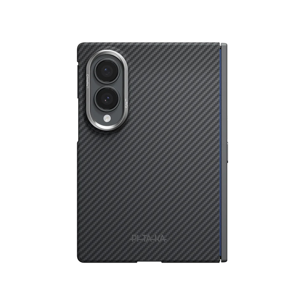 Galaxy Uyumlu Z Fold 8 Kılıf M-safe Şarj Özellikli 600D Aramid Karbon Fiber Menteşe Butonlu Pitaka Black-Grey Twill Kapak