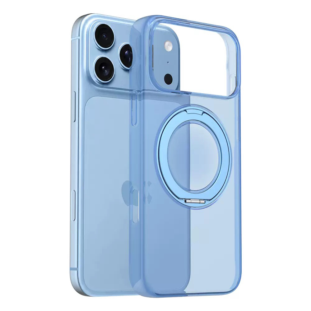 iPhone Uyumlu 17 Pro Kılıf M-Safe Şarj Özellikli Zore Luzer 360 Standlı Kapak-Mavi
