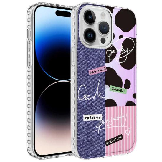 iPhone Uyumlu 14 Pro Kılıf Airbag Kenarlı Renkli Desenli Silikon Zore Elegans Kapak