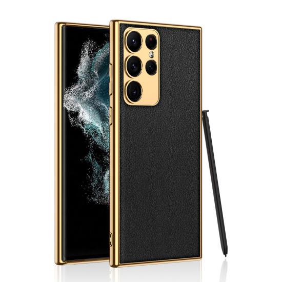 Galaxy Uyumlu S23 Ultra Kılıf Deri Görünümlü Kenarları Elektroplating Kaplama Zore Fizyon Kapak