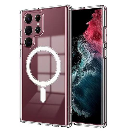 Galaxy Uyumlu S22 Ultra Kılıf Zore M-safe Şarj Özellikli Şeffaf Sert PC Zore Embos Kapak