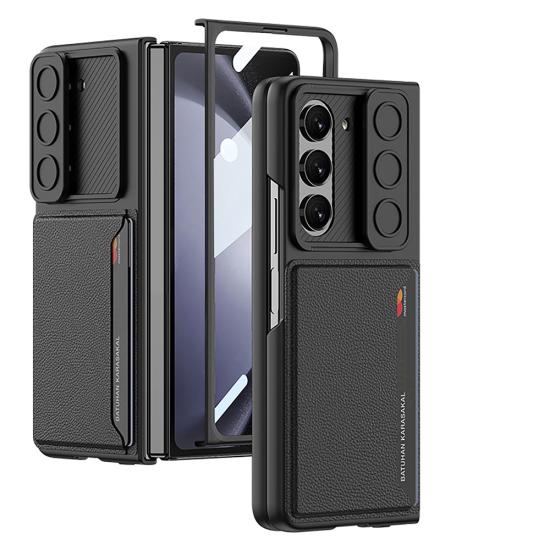 Galaxy Uyumlu Z Fold 5 Suni Deri Arka Yüzey Sürgülü Kamera Korumalı Zore Kartlıklı Kıpta Silikon Kapak