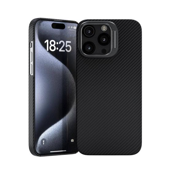 iPhone Uyumlu 15 Pro Max Kılıf M-safe Şarj Özellikli 600D Zore Krek Karbon Standlı Kapak
