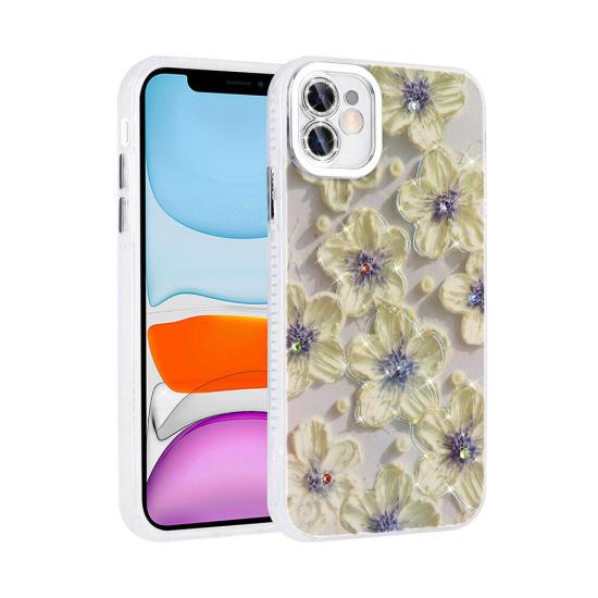 iPhone Uyumlu 11 Kılıf Çiçek Desenli Parlak Taşlı Sert Silikon Zore Garden Kapak