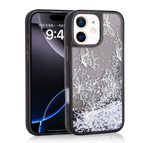 iPhone Uyumlu 12 Kılıf Sıvılı Simli Kelebek Baskılı Şeffaf Arka Yüzey Zore Glis Silikon Kapak