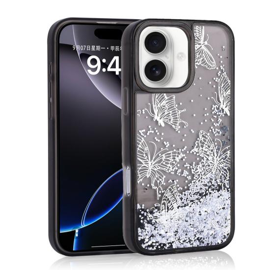iPhone Uyumlu 16 Kılıf Sıvılı Simli Kelebek Baskılı Şeffaf Arka Yüzey Zore Glis Silikon Kapak