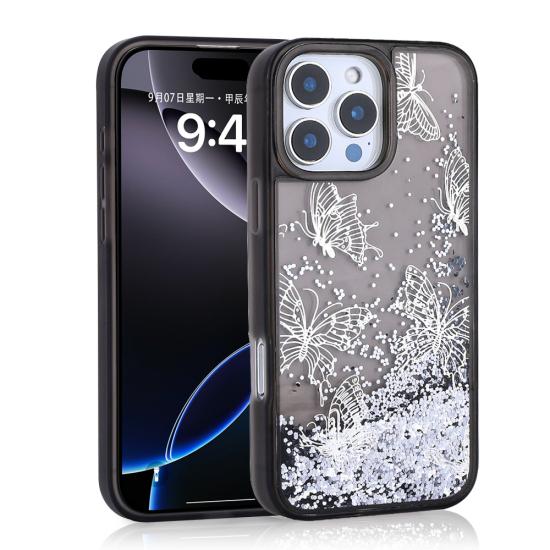 iPhone Uyumlu 16 Pro Max Kılıf Sıvılı Simli Kelebek Baskılı Şeffaf Arka Yüzey Zore Glis Silikon Kapak