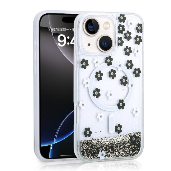 iPhone Uyumlu 14 Kılıf Sıvılı Simli Baskılı Şeffaf Arka Yüzey Zore Mossa Silikon Kapak