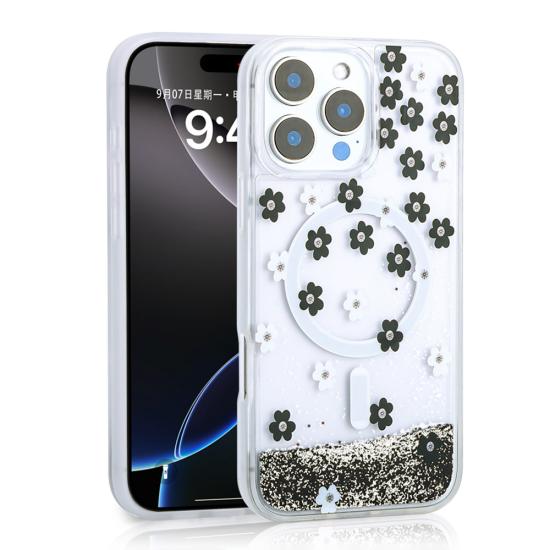 iPhone Uyumlu 16 Pro Max Kılıf Sıvılı Simli Baskılı Şeffaf Arka Yüzey Zore Mossa Silikon Kapak