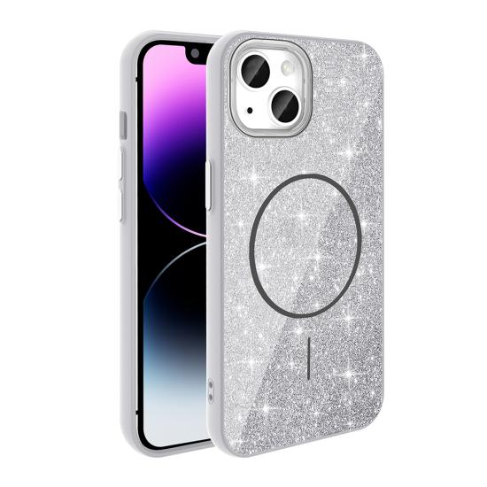 iPhone Uyumlu 14 Kılıf M-safe Şarj Özellikli Parlayan Simli Zore Okso Kapak