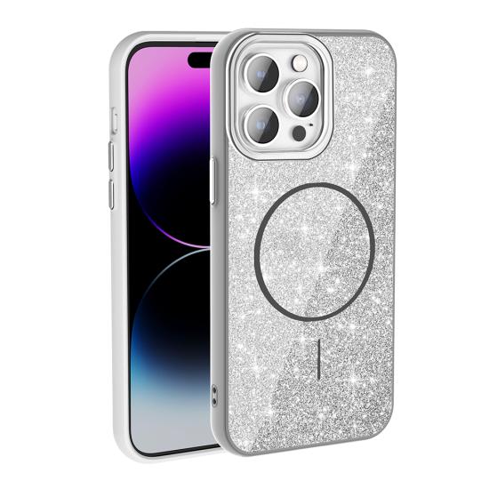 iPhone Uyumlu 14 Pro Max Kılıf M-safe Şarj Özellikli Parlayan Simli Zore Okso Kapak