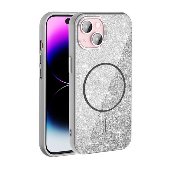 iPhone Uyumlu 15 Kılıf M-safe Şarj Özellikli Parlayan Simli Zore Okso Kapak