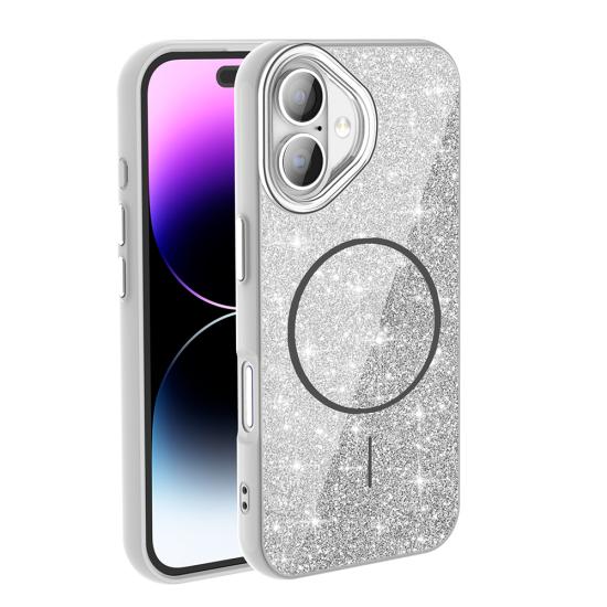 iPhone Uyumlu 16 Kılıf M-safe Şarj Özellikli Parlayan Simli Zore Okso Kapak
