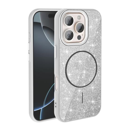 iPhone Uyumlu 16 Pro Max Kılıf M-safe Şarj Özellikli Parlayan Simli Zore Okso Kapak