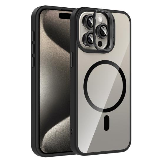 iPhone Uyumlu 15 Pro Max Kılıf Standlı ve Kamera Lens Hediyeli M-Safe Şarj Özellikli Zore Etro Kapak