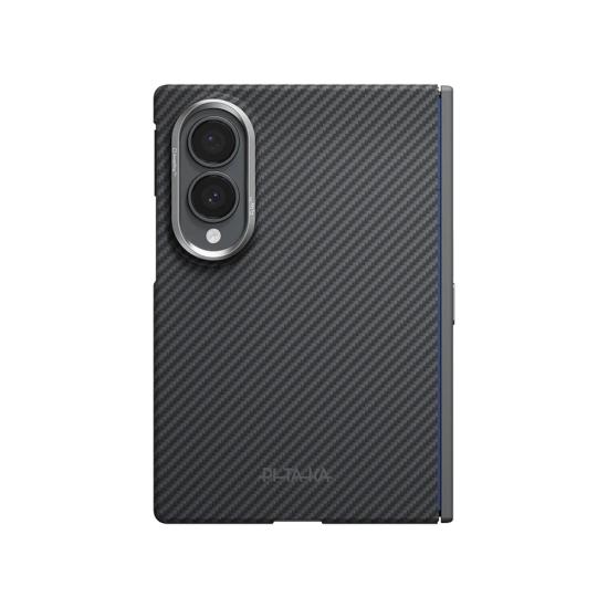 Galaxy Uyumlu Z Fold 8 Kılıf M-safe Şarj Özellikli 600D Aramid Karbon Fiber Menteşe Butonlu Pitaka Black-Grey Twill Kapak